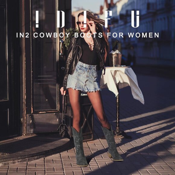 Women Grey Manmade Material Mid Calf Embroidered Low Heel Pointed Toe Boots - Picture 2 of 6